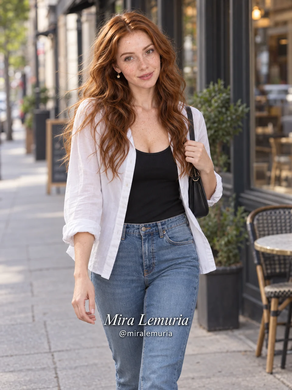Mira in jeans and a white shirt, strolling past city shop windows