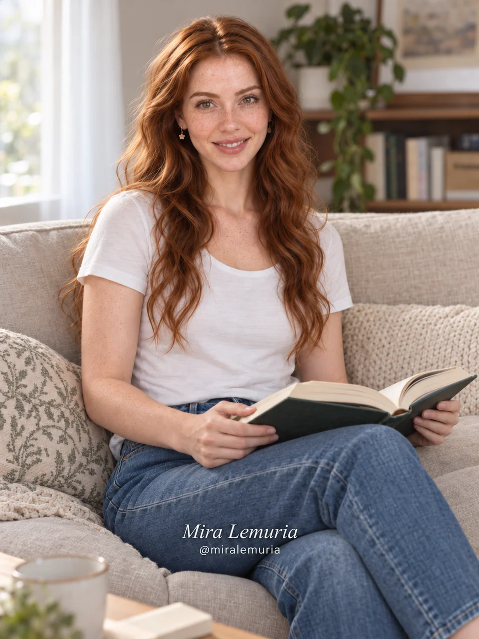 Mira smiling warmly on a sofa with an open book in the morning light